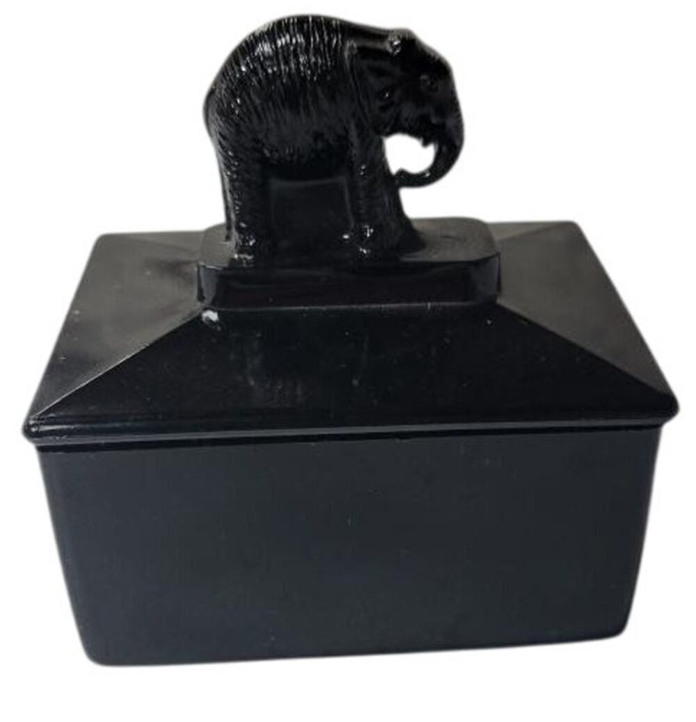 🐘 L.E. Smith No.2 Elephant Black Amethyst Glass Cigarette Box w/ Lid VTG Deco